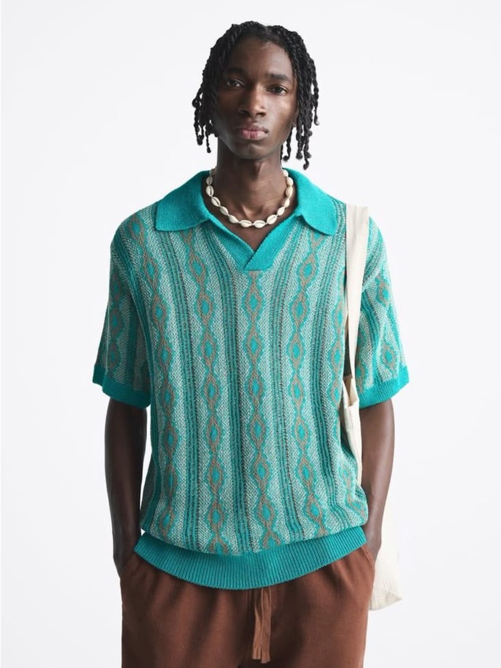 Zara Turquoise Crochet Knit Geometric Patterned Polo Coastal Western M